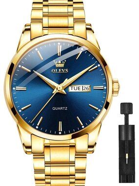 Men's Gold Blue Face Stainless Steel Luminous Quartz Waterproof Classic Watch